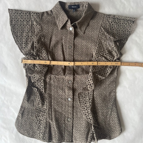 Theory Cotton Eyelet Ruffle Button up Top in Willow Shirt Petite - Picture 10 of 11